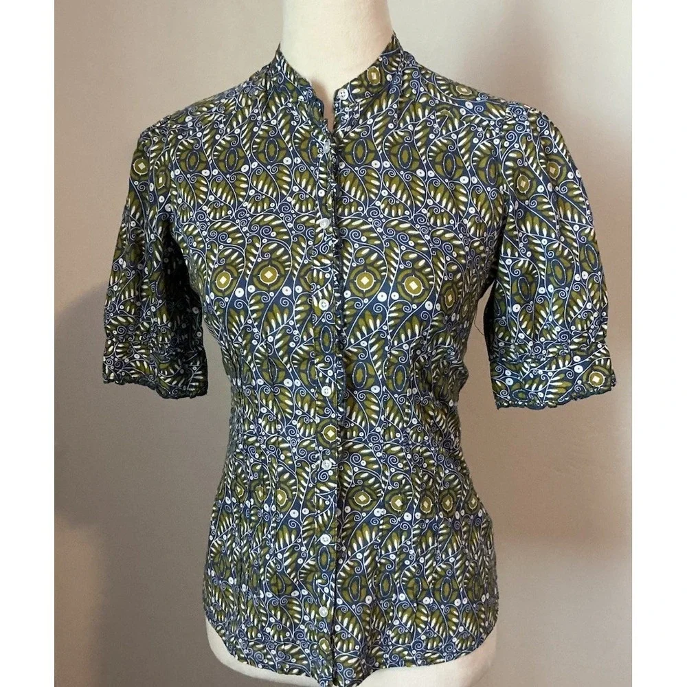 Banana Republic Blue Multi Floral Ruffled Neckline ‎ Pin-tucked Shirt XS
